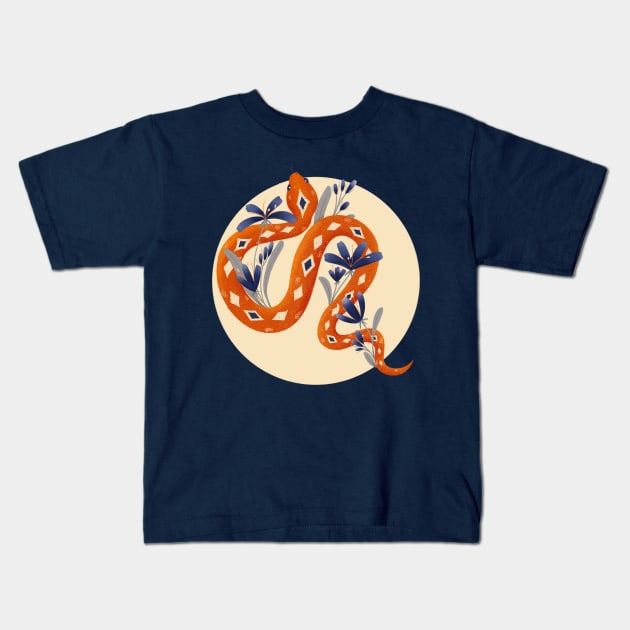 Snake Orange and Blue Flowers Kids T-Shirt by ChloesNook